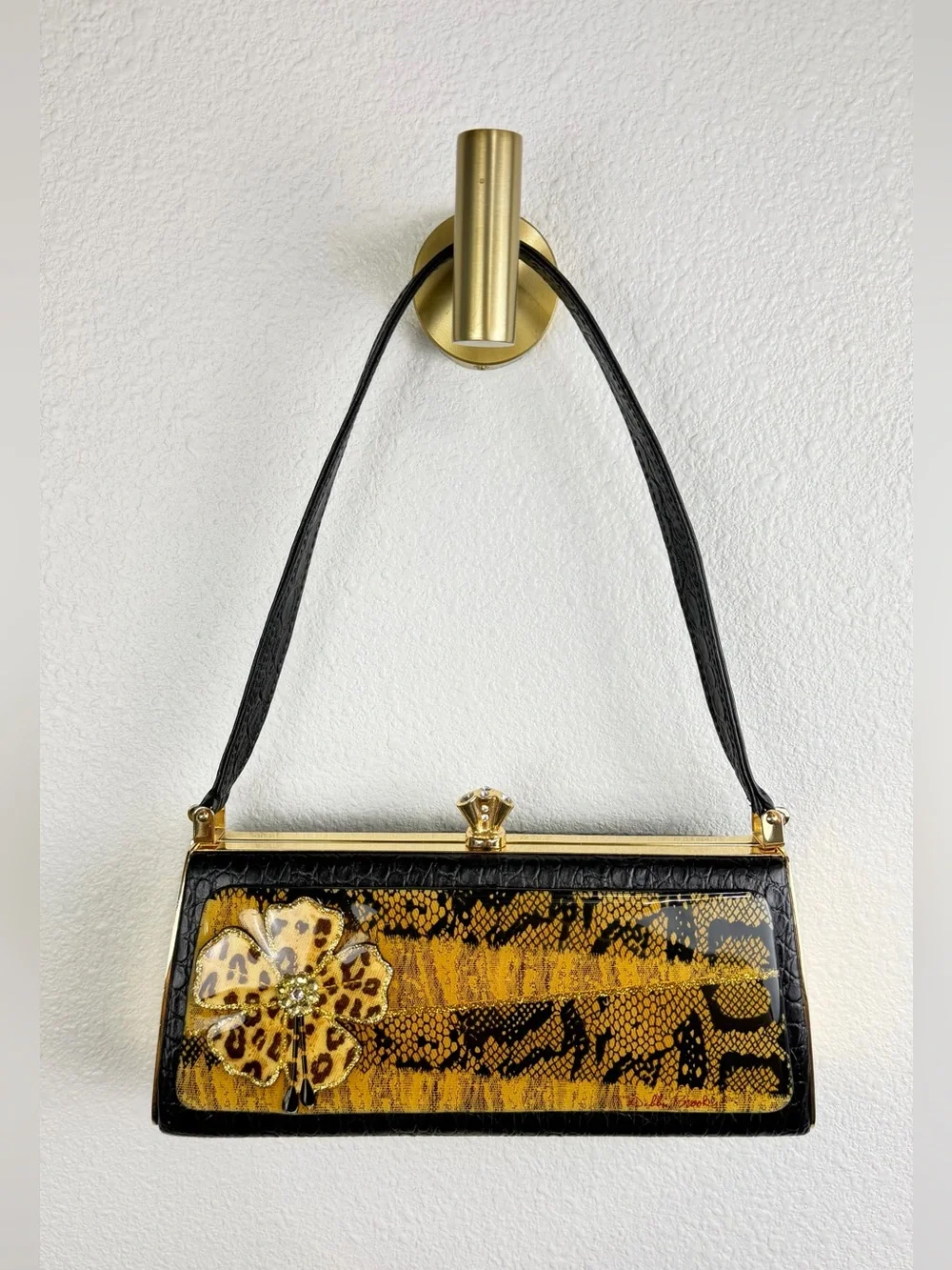 Debbie Brookes VTG Snakeskin Pattern Jeweled Flower Clasp Frame Bag